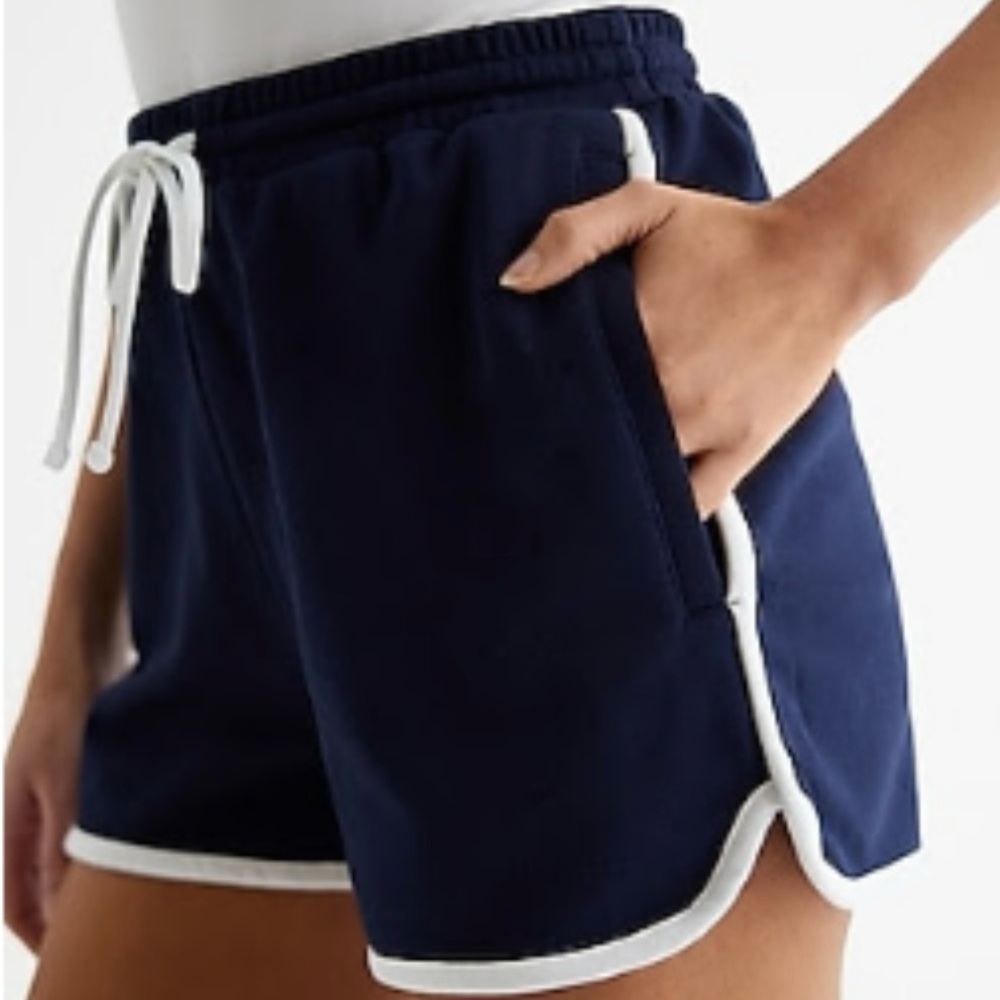 NWT Express Navy Blue White Piping High Waisted Fleece Knit Pull On Shorts Small